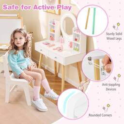 Costway Kids Vanity Set Princess Vanity Desk Set w/ LED Lighted Mirror in Pink - thumbnail 4