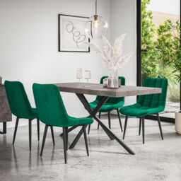 More4Homes Donni Dining Table & Chairs - Concrete Effect Table Top w Black Legs + Nova Velvet Dining Chair Set Of 4 in Green