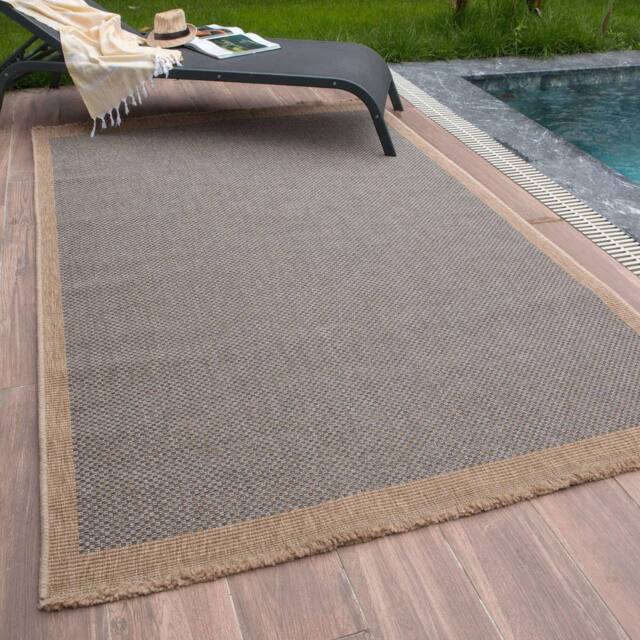 THE RUGS Jute Looking Square Dots Design Outdoor Rugs Garden Patio Nature 5200 in Blue - Size: 80 cm x 150 cm - image 1