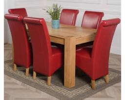 Thats Furniture Kuba 150 x 85cm Chunky Medium Oak Dining Table & 6 Montana Leather Chairs in Red - Size: 150 x 85 cm - thumbnail 1