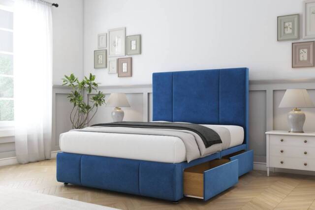 "Comfort Beds Arya Plush Divan Base 4 Drawers - 54"" Headboard-Footboard in Navy - Size: Small Double" - image 1