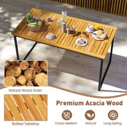 Gymax 6-Person Wooden Dining Table 140 x 70cm Patio Table With Umbrella Hole in Khaki - Size: 140 x 70 cm - thumbnail 9