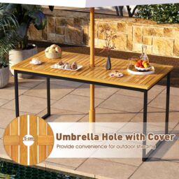 Gymax 6-Person Wooden Dining Table 140 x 70cm Patio Table With Umbrella Hole in Khaki - Size: 140 x 70 cm - thumbnail 6