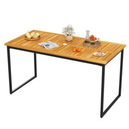 Gymax 6-Person Wooden Dining Table 140 x 70cm Patio Table With Umbrella Hole in Khaki - Size: 140 x 70 cm