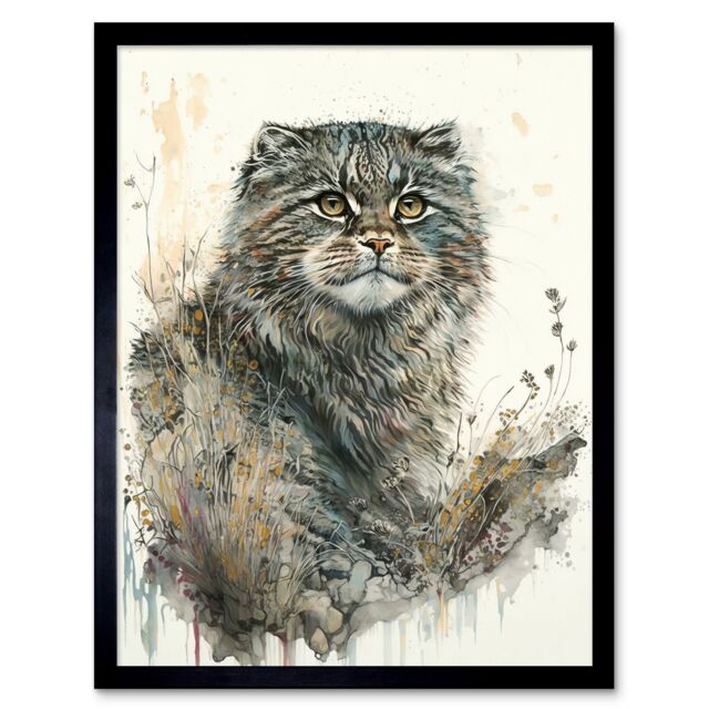 "Artery8 Wall Art Print Manul Pallas Cat Portrait in Wildflowers Watercolour Art Framed in Black - Size: W12"" x H16""" - image 1