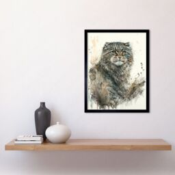 "Artery8 Wall Art Print Manul Pallas Cat Portrait in Wildflowers Watercolour Art Framed in Black - Size: W12"" x H16""" - thumbnail 2