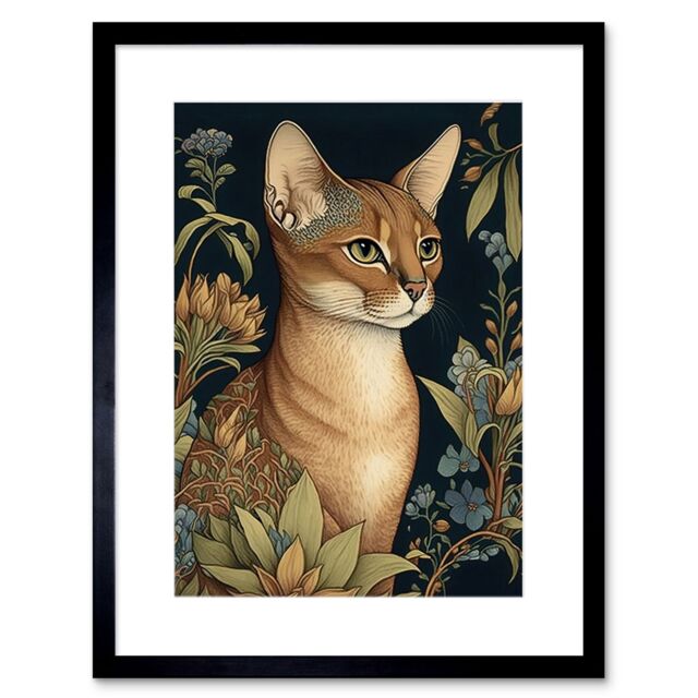 "Artery8 Wall Art Print Abyssinian Cat with Flowers Art Nouveau Modern Watercolour Artwork Framed 9X7 Inch in Black - Size: W7"" x H9""" - image 1