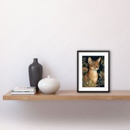"Artery8 Wall Art Print Abyssinian Cat with Flowers Art Nouveau Modern Watercolour Artwork Framed 9X7 Inch in Black - Size: W7"" x H9""" - thumbnail 2
