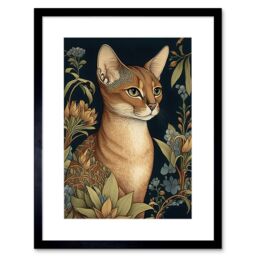 "Artery8 Wall Art Print Abyssinian Cat with Flowers Art Nouveau Modern Watercolour Artwork Framed 9X7 Inch in Black - Size: W7"" x H9""" - thumbnail 1