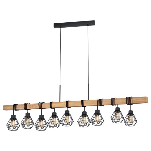 Loops Hanging Ceiling Pendant Light Black Cage & Wood 9x E27 Dining Table Multi Lamp - image 1