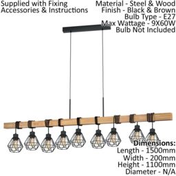 Loops Hanging Ceiling Pendant Light Black Cage & Wood 9x E27 Dining Table Multi Lamp - thumbnail 2