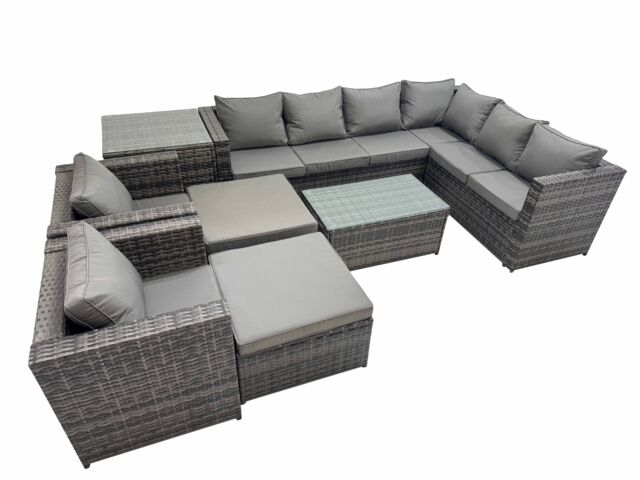 Fimous Rattan Garden Furniture Set with 2 Chairs 2 Big Stools Side Table in Dark Grey
