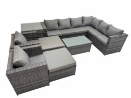 Fimous Rattan Garden Furniture Set with 2 Chairs 2 Big Stools Side Table in Dark Grey - thumbnail 1