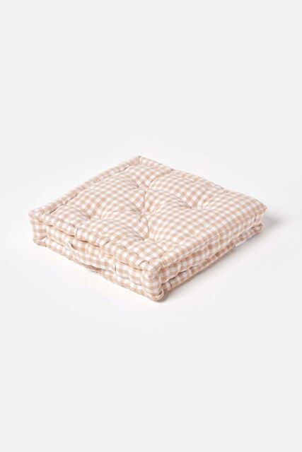 Homescapes Cotton Gingham Check Floor Cushion in Beige - Size: 40 cm x 40 cm - image 1