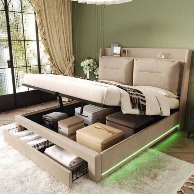 BTM Beige Velvet 4ft6 Double Hydraulic Bed with LED & Storage - image 1