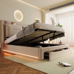 BTM Beige Velvet 4ft6 Double Hydraulic Bed with LED & Storage - thumbnail 7