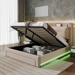 BTM Beige Velvet 4ft6 Double Hydraulic Bed with LED & Storage - thumbnail 9