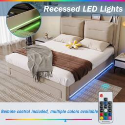 BTM Beige Velvet 4ft6 Double Hydraulic Bed with LED & Storage - thumbnail 2