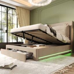 BTM Beige Velvet 4ft6 Double Hydraulic Bed with LED & Storage - thumbnail 6