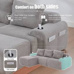 BTM 3 Seater Modular Cord Sofa Ottomans Cup Holders Light Grey - thumbnail 7