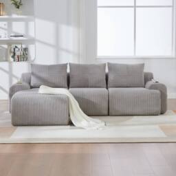 BTM 3 Seater Modular Cord Sofa Ottomans Cup Holders Light Grey - thumbnail 4