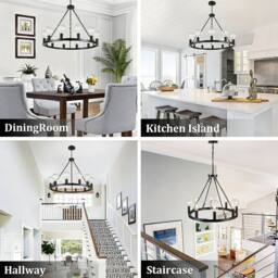 INMTFEI 12-Light Wagon Wheel Chandelie Black Steel Adjustable Pendant Light - thumbnail 5