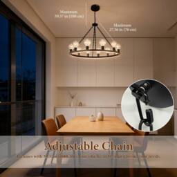 INMTFEI 12-Light Wagon Wheel Chandelie Black Steel Adjustable Pendant Light - thumbnail 4