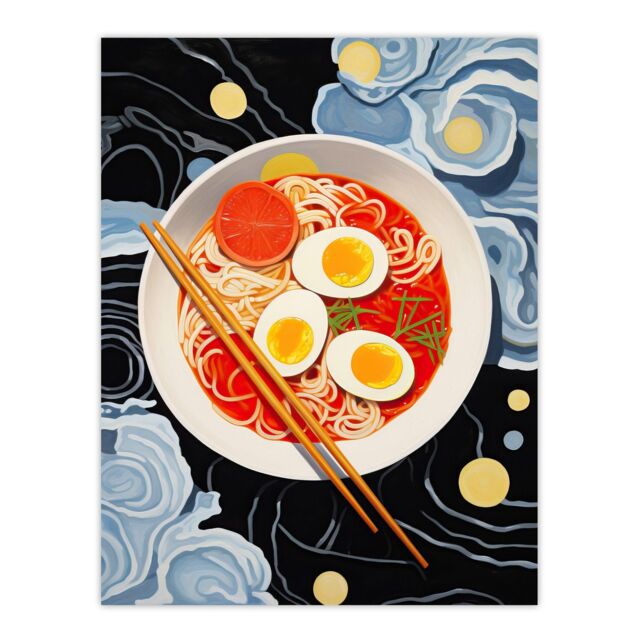 "Wee Blue Coo Wall Art Print Noodles & Doodles Ramen Food Kitchen Living Room in Dark Blue - Size: W18"" x H24""" - image 1