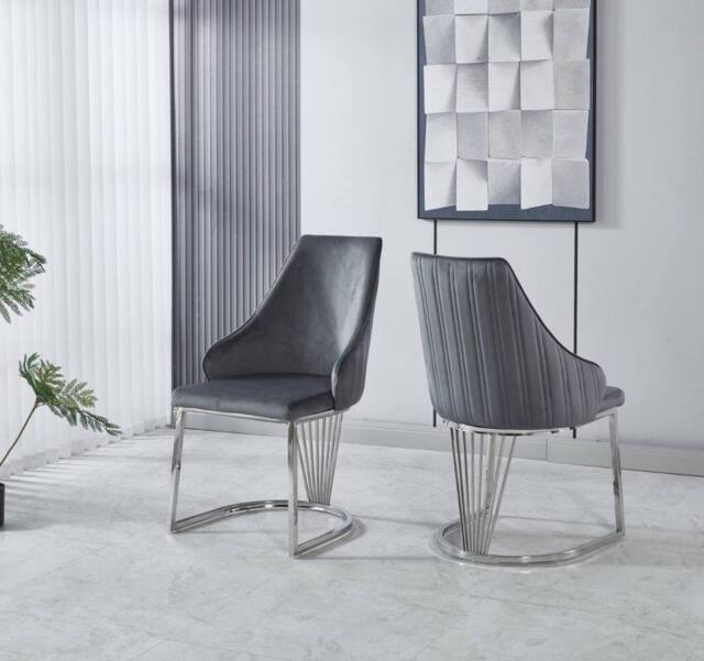Modernique Set of 2 Velvet Upholstered Dining Chairs with Chrome Metal Legs in Grey - image 1