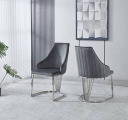 Modernique Set of 2 Velvet Upholstered Dining Chairs with Chrome Metal Legs in Grey - thumbnail 1
