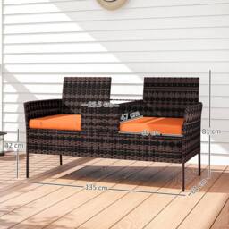 OUTSUNNY Rattan Garden Bench w/ Glass Tea Table, Wicker Chair w/ Cushions in Orange - thumbnail 3