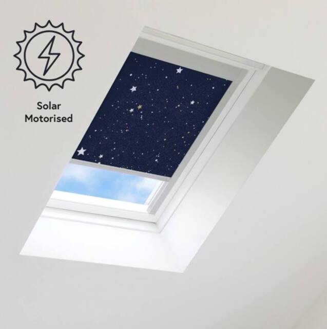 Bloc Blinds Solar Powered Blackout Blind for Velux Roof Windows - Night Sky in Silver - Size: M08 - image 1