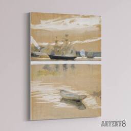 "Artery8 Albert Edelfelt Seascape View From the Pier Canvas Wall Art Print in Brown - Size: W12"" x H16""" - thumbnail 2