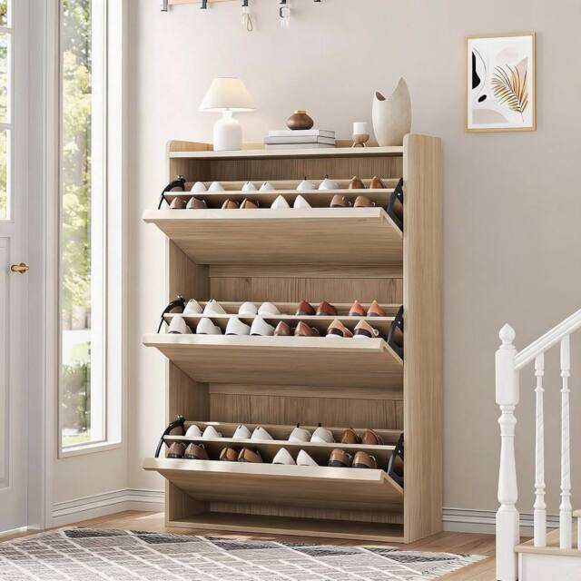 London Boutique Shoe Storage Cabinet w/ 3 Flip Drawer Modern Chest of Drawers Unit in Natural - image 1