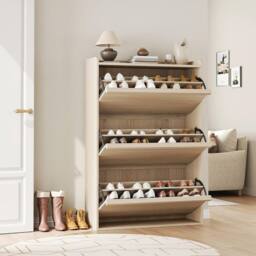 London Boutique Shoe Storage Cabinet w/ 3 Flip Drawer Modern Chest of Drawers Unit in Natural - thumbnail 3
