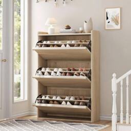 London Boutique Shoe Storage Cabinet w/ 3 Flip Drawer Modern Chest of Drawers Unit in Natural