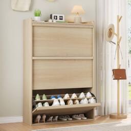 London Boutique Shoe Storage Cabinet w/ 3 Flip Drawer Modern Chest of Drawers Unit in Natural - thumbnail 5