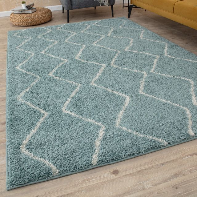 THE RUGS Moroccan Soft High Pile Shaggy Zigzag Rugs & Runners Living Room in Duck Egg Blue - Size: 80 cm x 150 cm - image 1