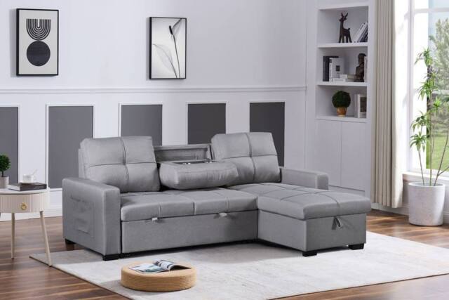 SquareBoxx Veda Chaise Linen Sofa Bed in Light Grey - image 1