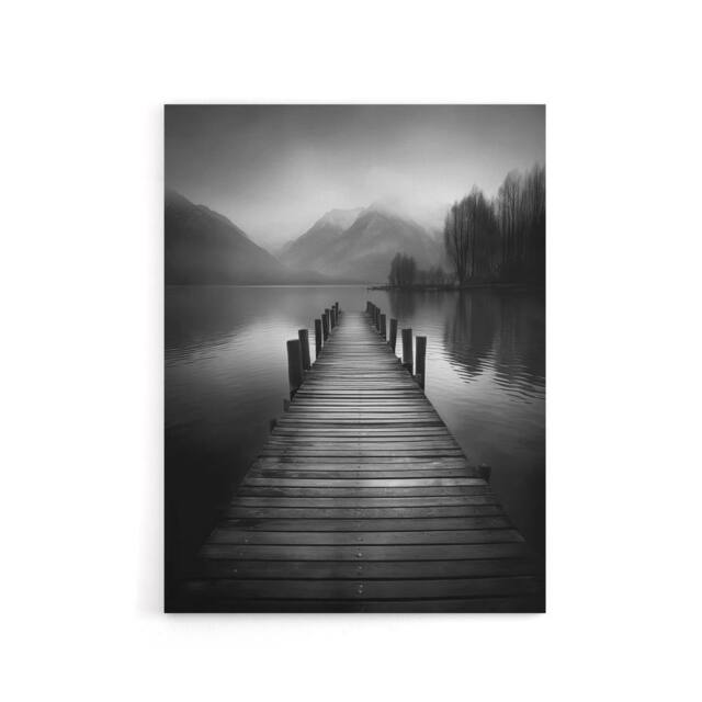 "Artery8 Lake Pier Mountain Landscape Photograph Canvas Wall Art Print in Grey - Size: W18"" x H24""" - image 1