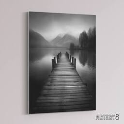 "Artery8 Lake Pier Mountain Landscape Photograph Canvas Wall Art Print in Grey - Size: W18"" x H24""" - thumbnail 2