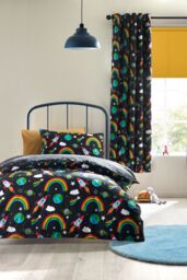 Catherine Lansfield 'Rainbow Rockets' Reversible Duvet Cover Set in Black - Size: Double - thumbnail 1