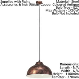Loops Hanging Ceiling Pendant Light Antique Copper Dome Bowl Shade 1 x 60W E27 Bulb - thumbnail 2