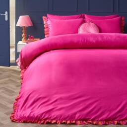 OHS Print Frill Edge Duvet Cover Set with Pillowcase Microfibre Bedding in Bright Pink - Size: Double