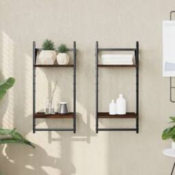 Berkfield Home Beautiful 2-Tier Wall Shelves with Bars 2 pcs Brown Oak 30x25x65 cm - Size: 30 x 25 x 65 cm - thumbnail 2