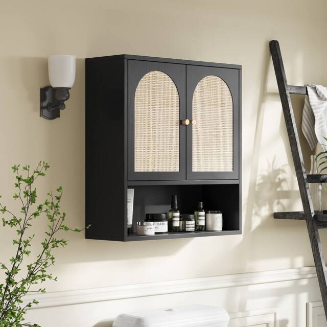 KORVIXA Black Bamboo Bathroom Wall Cabinet - Size: W900mm x H650mm - image 1
