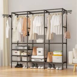 Dprodo Three Row Clothes Rack Large Floor Hangers in Black