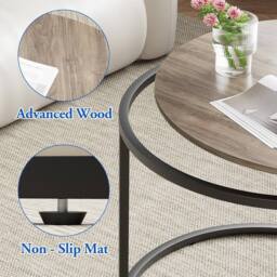 Huhote Round Nesting Coffee Tables Set of 2 Black Frame Oak Top in Light Brown - thumbnail 7