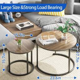 Huhote Round Nesting Coffee Tables Set of 2 Black Frame Oak Top in Light Brown - thumbnail 3