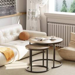 Huhote Round Nesting Coffee Tables Set of 2 Black Frame Oak Top in Light Brown - thumbnail 4